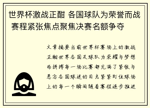 世界杯激战正酣 各国球队为荣誉而战 赛程紧张焦点聚焦决赛名额争夺